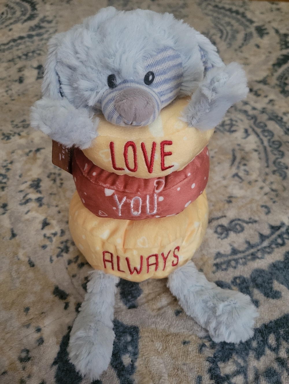 NWT Demdaco Blue Plush Stacker Puppy with Yellow & Rust Rings